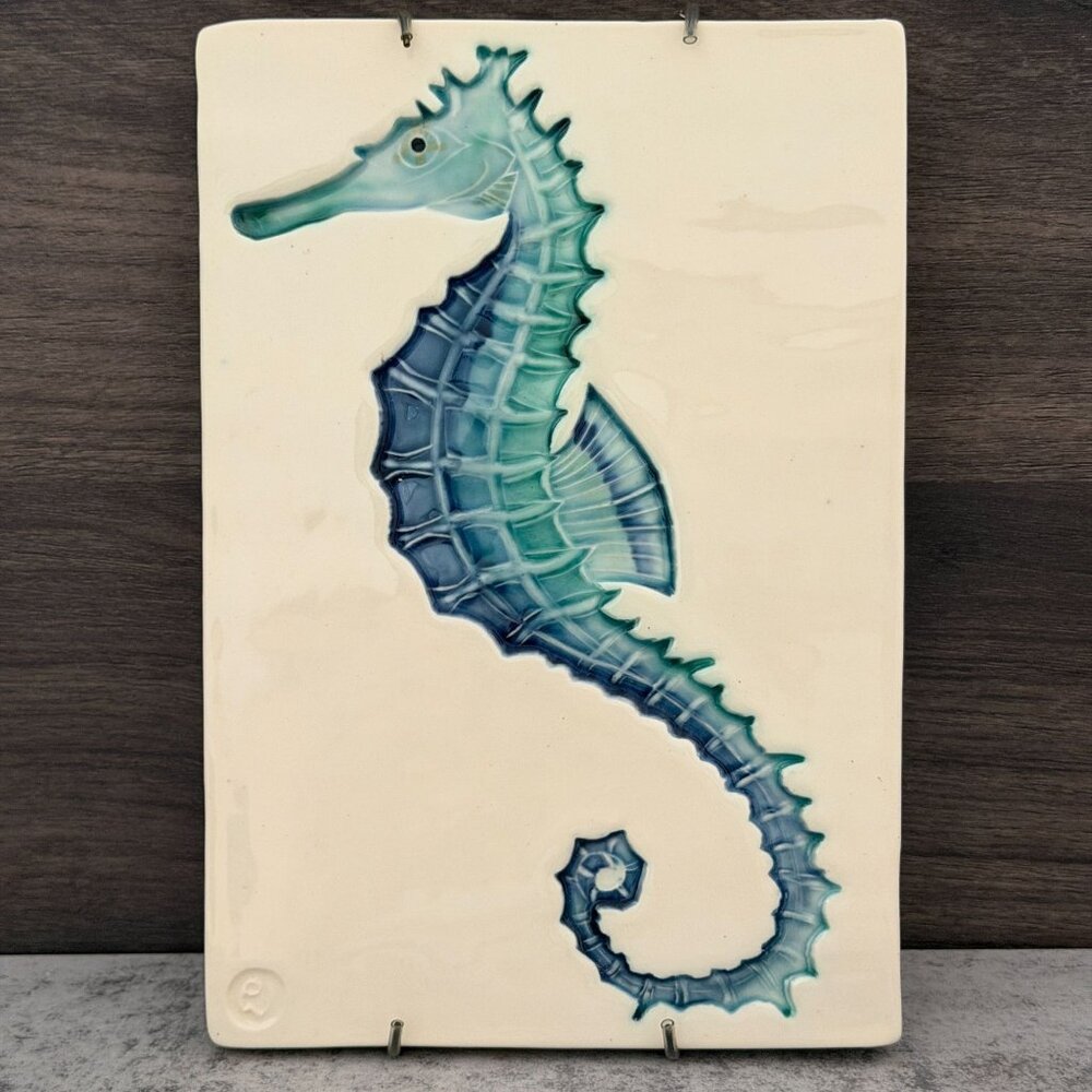 Studio Art Pottery Seahorse Hand Painted Ceramic Trivet Wall Hanging Rectangle